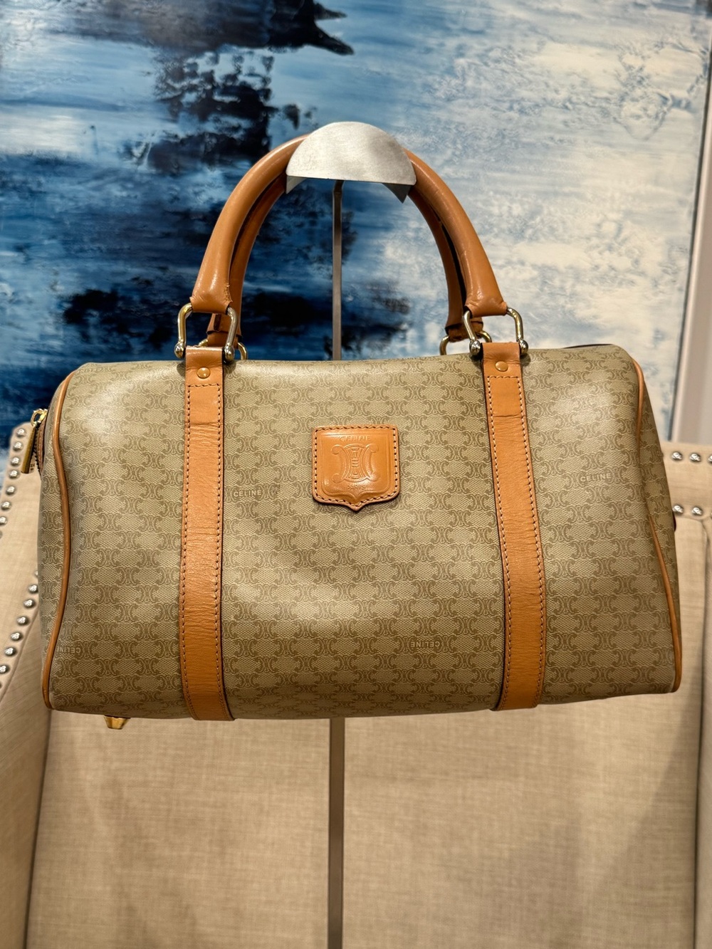 Vintage Authentic Celine Macadam Boston Bag — Monogram Canvas with Leather Trim